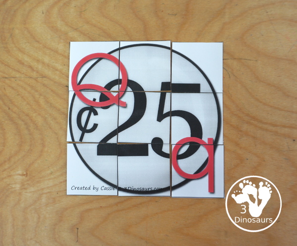 Free Romping & Roaring Q Pack: Letter Q is for Quarter - a letter Q pack that has prewriting, finding letters, tracing letters, coloring pages, shapes, puzzles and more - 3Dinosaurs.com