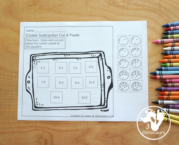 Free Cookie Subtraction Cut & Paste Worksheet - two fun worksheets that work on subtraction and matching cookies with chocolate chips for the answers. It is a fun change to subtraction worksheets for kids. - 3Dinosaurs.com