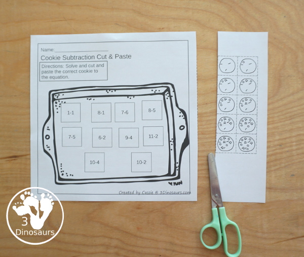 Free Cookie Subtraction Cut & Paste Worksheet - two fun worksheets that work on subtraction and matching cookies with chocolate chips for the answers. It is a fun change to subtraction worksheets for kids. - 3Dinosaurs.com