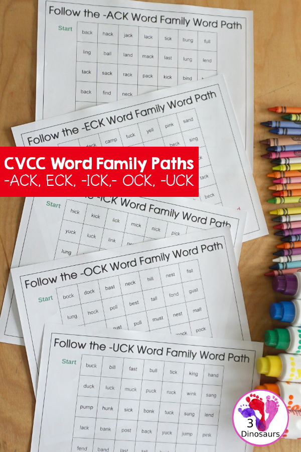 Free CVCC Word Family Word Path: ACK, ECK, ICK, OCK, UCK - you follow the word ending and read the CVCC words as you go through the word path. - 3Dinosaurs.com