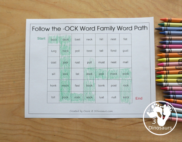Free CVCC Word Family Word Path: ACK, ECK, ICK, OCK, UCK - you follow the word ending and read the CVCC words as you go through the word path. - 3Dinosaurs.com