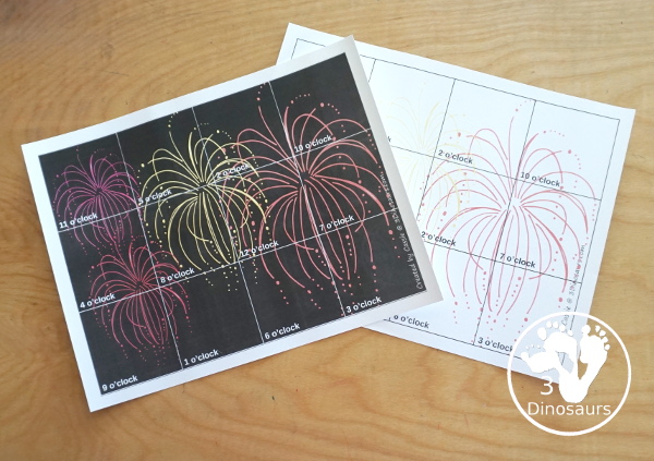 Free Fireworks Telling Time Puzzle - The telling time puzzle works on telling time with hourly time on an analog clock and written words for each hour a great hands-on telling time printable- 3Dinosaurs.com