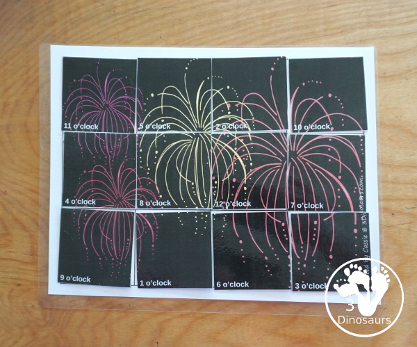 Free Fireworks Telling Time Puzzle - The telling time puzzle works on telling time with hourly time on an analog clock and written words for each hour a great hands-on telling time printable- 3Dinosaurs.com