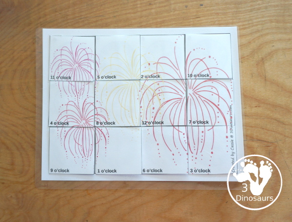 Free Fireworks Telling Time Puzzle - The telling time puzzle works on telling time with hourly time on an analog clock and written words for each hour a great hands-on telling time printable- 3Dinosaurs.com