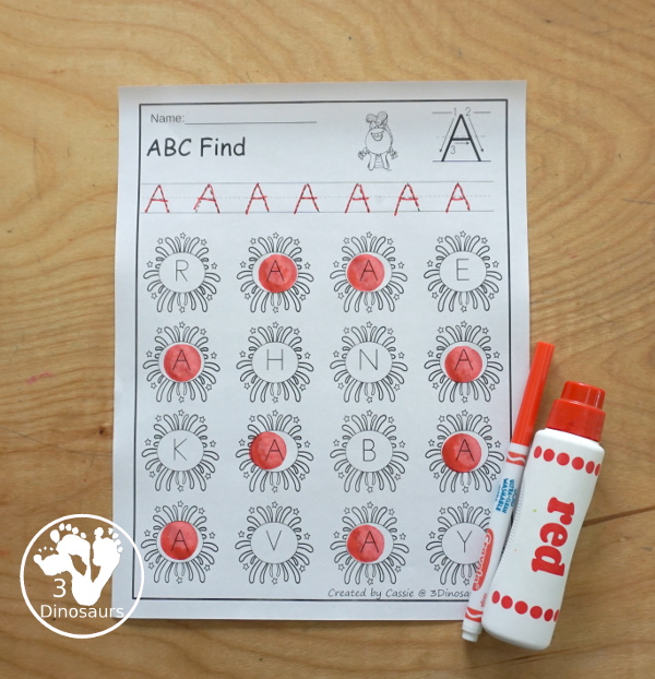 Fireworks ABC Letter Find Printable - with all 26 letters of the alphabet with tracing the letters and finding the letters on the fireworks. Works great for Fourth of July, new years or any celebration with fireworks - 3Dinosaurs.com