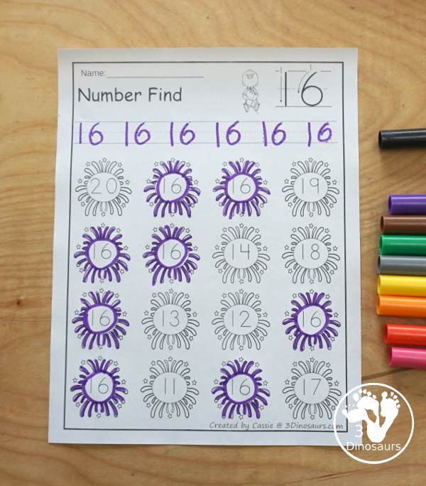 Fireworks Number Find Printable - with the numerical number and number word for kids to work on finding with numbers from 0 to 20. An easy no-prep number printable- 3Dinosaurs.com