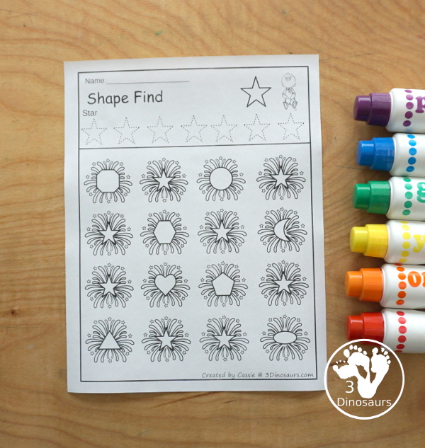 Easy No-Prep Firework Shape Find - with shape and shape word for kids with a firework theme for new years and fourth of July. You have 11 shapes for kids to learn. - 3Dinosaurs.com