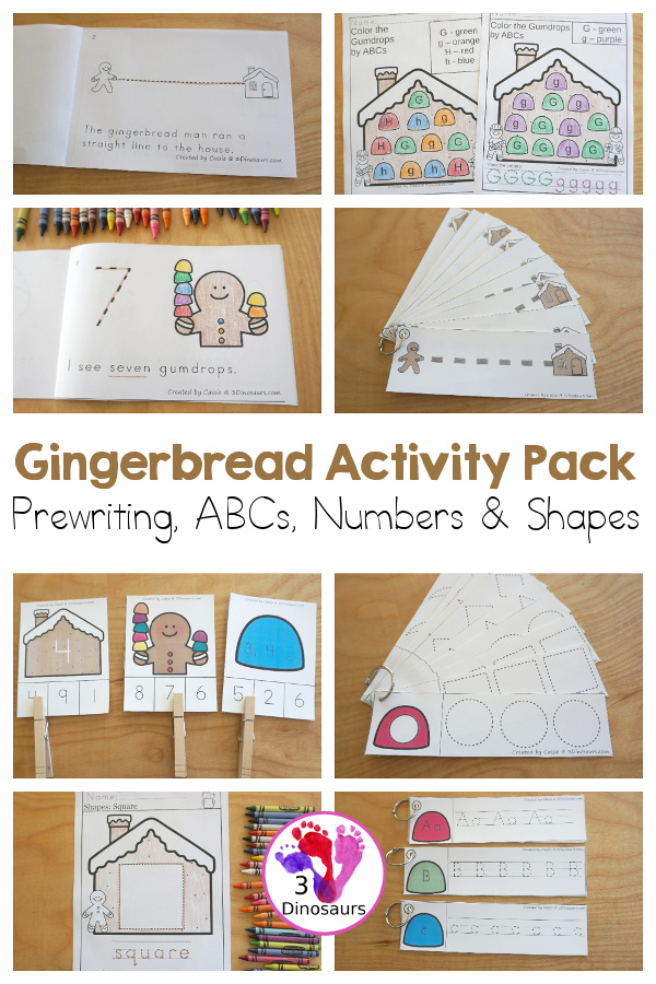 Gingerbread Activity Pack: Prewriting, Shapes, ABCs & Numbers - with a mix of easy reader books, clip cards, no-prep worksheets and tracing strips all with a gingerbread man and gingerbread house theme - 3Dinosaurs.com