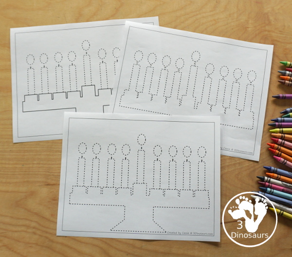 Free Hanukkah Menorah Fine motor Mats  - with menorah templates, menorah tracing mat, menorah dot marker mat all to work on fine motor skills for any Hanukkah theme- 3Dinosaurs.com