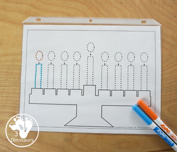 Free Hanukkah Menorah Fine motor Mats  - with menorah templates, menorah tracing mat, menorah dot marker mat all to work on fine motor skills for any Hanukkah theme- 3Dinosaurs.com
