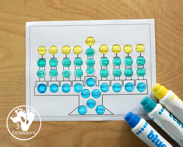 Free Hanukkah Menorah Fine motor Mats  - with menorah templates, menorah tracing mat, menorah dot marker mat all to work on fine motor skills for any Hanukkah theme- 3Dinosaurs.com