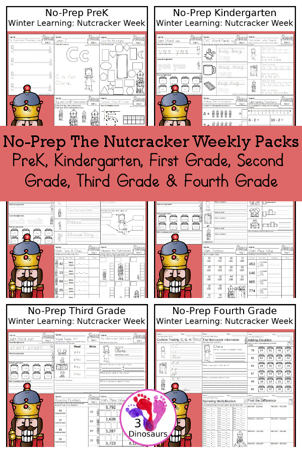 The Nutcracker No-Prep Weekly Packs PreK, Kindergarten, First Grade, Second Grade, Third Grade & Fourth Grade with 5 days of activities to do for each grade level With loads of different Nutcracker activities for winter - You will find a mix of math, language, and more - These are easy to use packs for winter learning, homework, early finisher, and morning work. Easy no-prep printables for kids with four pages for each day - 3Dinosaurs.com