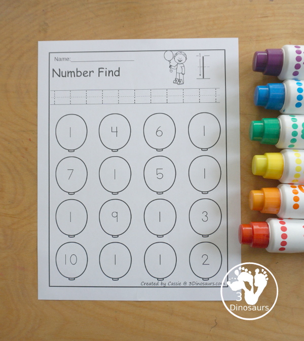  Balloon Number Find Printable  with numbers 0 to 20 with numerical number and number word for kids to trace and then find on the balloons. - 3Dinosaurs.com