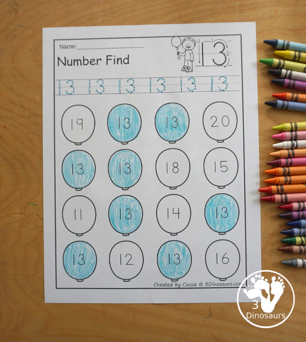  Balloon Number Find Printable  with numbers 0 to 20 with numerical number and number word for kids to trace and then find on the balloons. - 3Dinosaurs.com