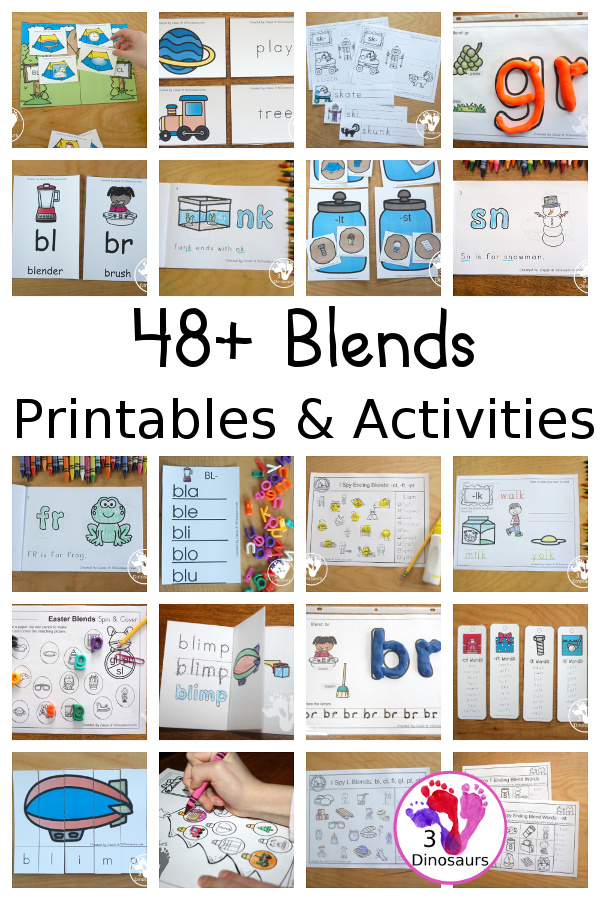 Blends Printables on 3 Dinosaurs