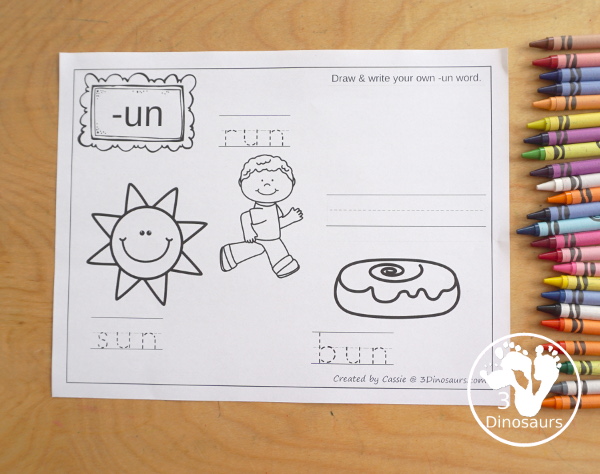 Free CVC Word Family Coloring Pages: Short U Vowel with -ug,  -un, -ut  with tracing the words, coloring the pictures and draw their own short u word for the short u vowels plus ending - 3Dinosaurs.com