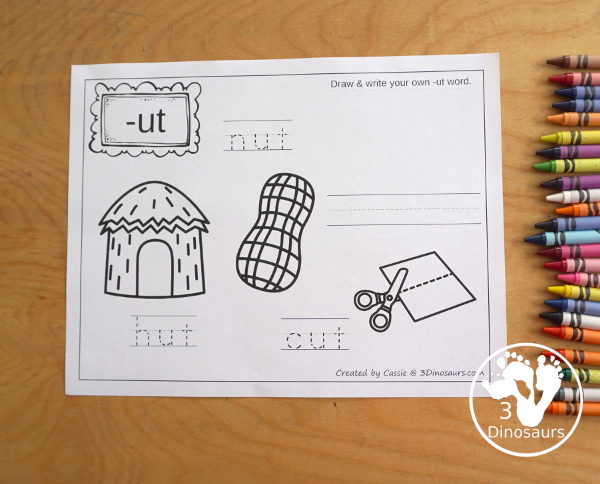 Free CVC Word Family Coloring Pages: Short U Vowel with -ug,  -un, -ut  with tracing the words, coloring the pictures and draw their own short u word for the short u vowels plus ending - 3Dinosaurs.com