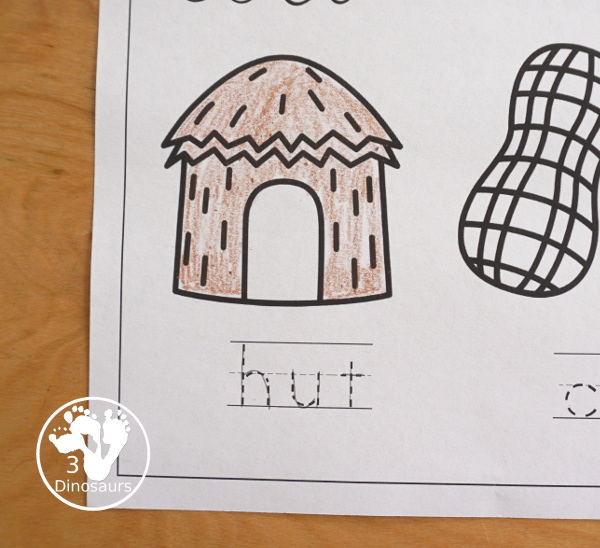 Free CVC Word Family Coloring Pages: Short U Vowel with -ug,  -un, -ut  with tracing the words, coloring the pictures and draw their own short u word for the short u vowels plus ending - 3Dinosaurs.com