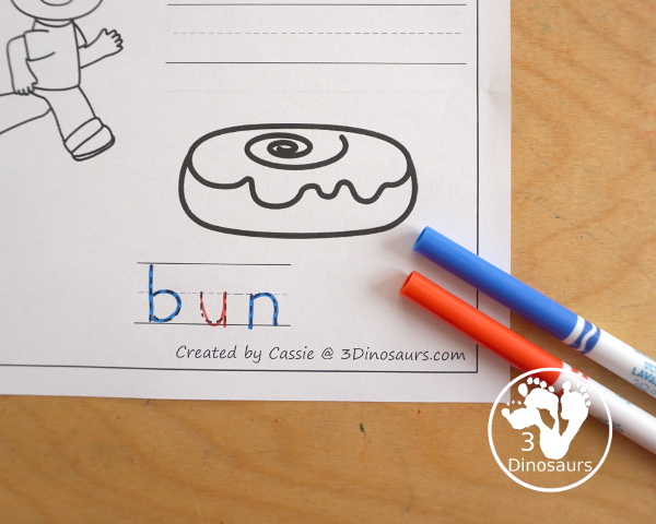 Free CVC Word Family Coloring Pages: Short U Vowel with -ug,  -un, -ut  with tracing the words, coloring the pictures and draw their own short u word for the short u vowels plus ending - 3Dinosaurs.com