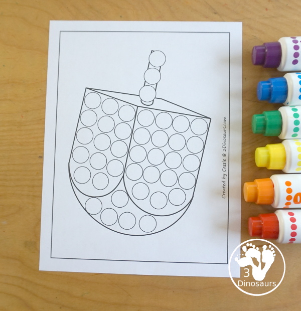Free Dreidel Fine Motor Mat Printables with dreidel template, dreidel tracing worksheet, and dreidel dot marker printable for working on Fine motor skills for Hanukkah - 3Dinosaurs.com