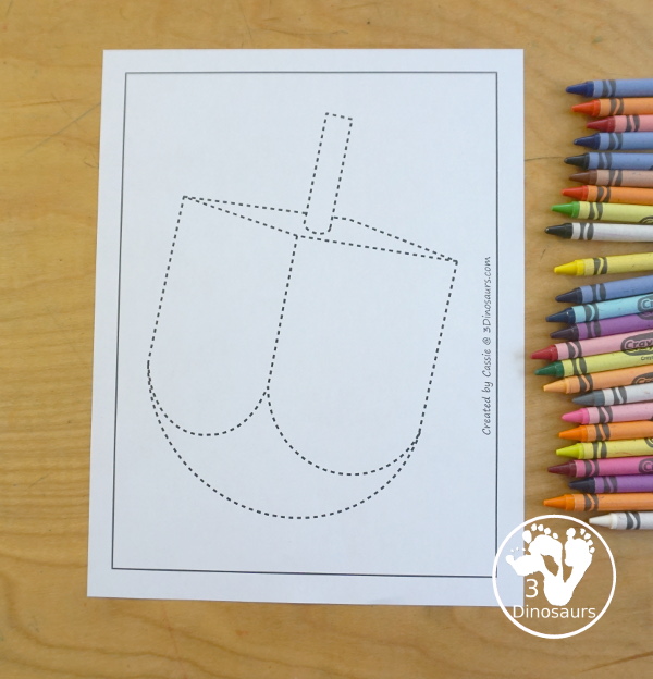 Free Dreidel Fine Motor Mat Printables with dreidel template, dreidel tracing worksheet, and dreidel dot marker printable for working on Fine motor skills for Hanukkah - 3Dinosaurs.com