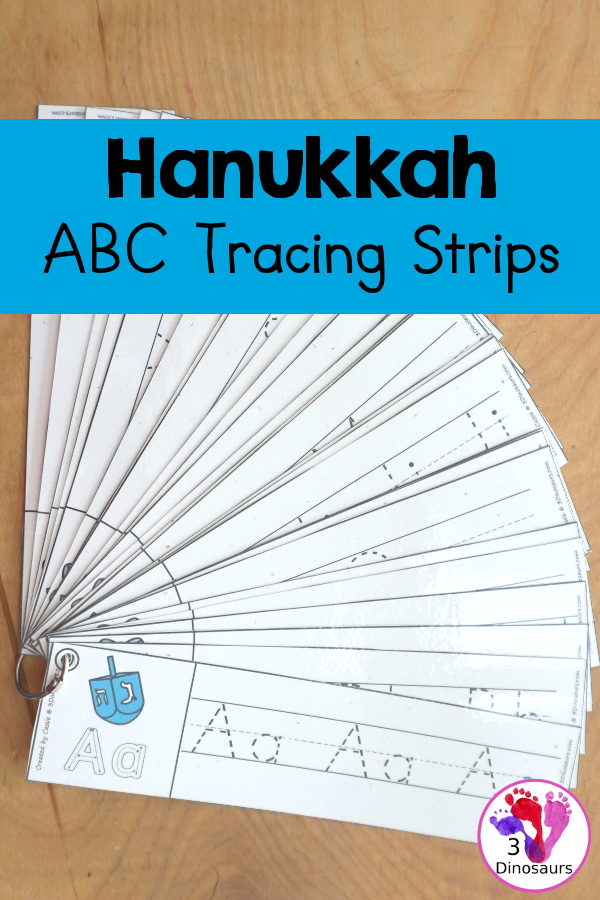 Free Hanukkah ABC Tracing Strip Printables - with uppercase and lowercase together. You have fun kids with Hanukkah items plus you can see an example of how to trace the letters - 3Dinosaurs.com