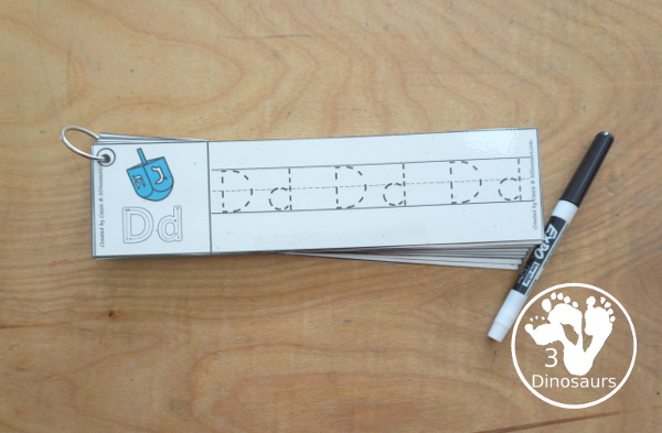 Free Hanukkah ABC Tracing Strip Printables - with uppercase and lowercase together. You have fun kids with Hanukkah items plus you can see an example of how to trace the letters - 3Dinosaurs.com