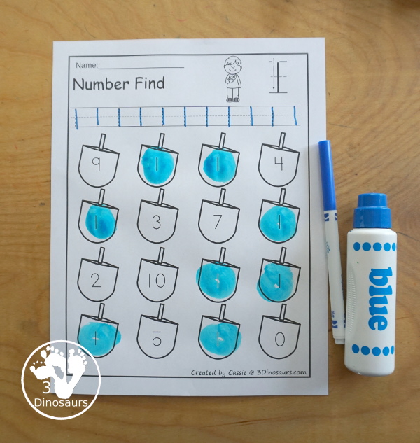Hanukkah Number Find - Numbers 0 to 20 with tracing and finding numbers on dreidels. You have number words and numerical numbers for kids to use in the set. - 3Dinosaurs.com