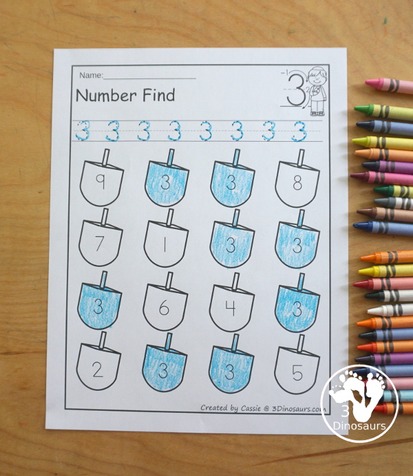 Hanukkah Number Find - Numbers 0 to 20 with tracing and finding numbers on dreidels. You have number words and numerical numbers for kids to use in the set. - 3Dinosaurs.com