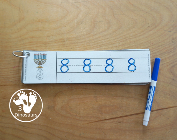 Free Hanukkah Number Tracing Strips - with numbers 0 to 20. You can trace the numbers and an example of how to trace the numbers on the strips, plus Hanukkah items on each tracing strip. - 3Dinosaurs.com