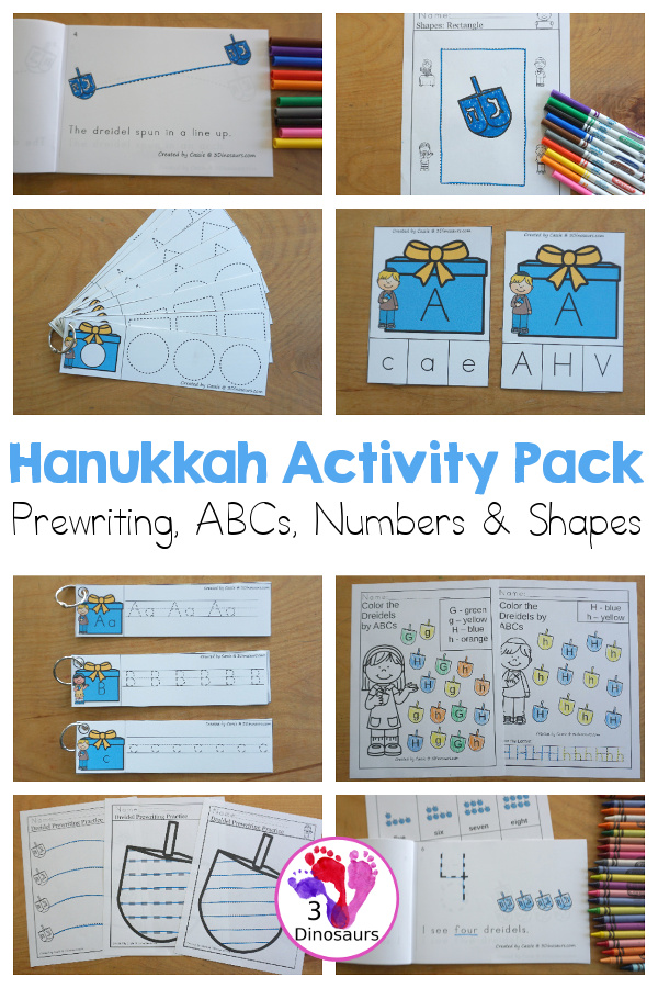 Hanukkah Activity Pack: Prewriting, Shapes, Letters & Numbers - 191 pages of Hanukkah activities with no-prep pages, clip cards and tracing strips to help with learning skills. A great addition to any Hanukkah activity - 3Dinosaurs.com