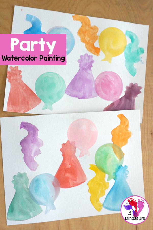 Party Watercolor Painting with Cookie Cutters - a simple cookie cutter painting with party themed cookie cutters that is great for a party and also New years - 3Dinosaurs.com