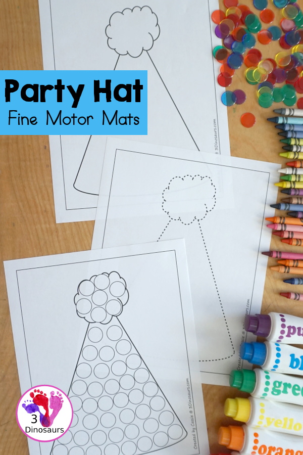 Free Party Hat Fine Motor Mats has 3 fine motor mats. You have a party hat template, a party hat tracing printable, and a party hat dot marker printable.- 3Dinosaurs.com