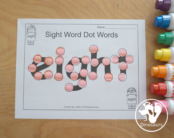 Free Romping & Roaring Third Grade Sight Words Packs Set 3:  Drink, Eight, Fall, Far - 6 pages of activities for each third Grade sight words: drink, eight, fall, and far. These are great for easy to use learning centers - 3Dinosaurs.com