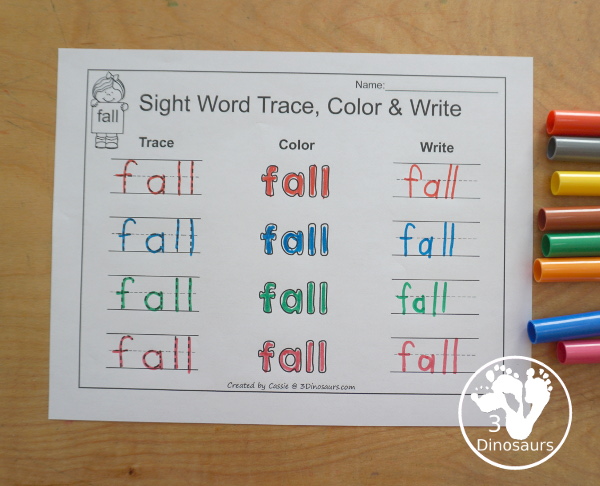 Free Romping & Roaring Third Grade Sight Words Packs Set 3:  Drink, Eight, Fall, Far - 6 pages of activities for each third Grade sight words: drink, eight, fall, and far. These are great for easy to use learning centers - 3Dinosaurs.com
