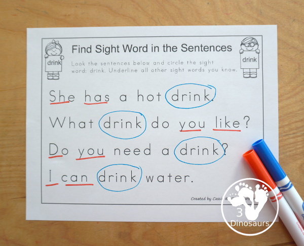 Free Romping & Roaring Third Grade Sight Words Packs Set 3:  Drink, Eight, Fall, Far - 6 pages of activities for each third Grade sight words: drink, eight, fall, and far. These are great for easy to use learning centers - 3Dinosaurs.com
