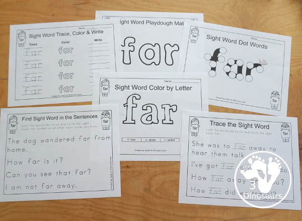 Free Romping & Roaring Third Grade Sight Words Packs Set 3:  Drink, Eight, Fall, Far - 6 pages of activities for each third Grade sight words: drink, eight, fall, and far. These are great for easy to use learning centers - 3Dinosaurs.com