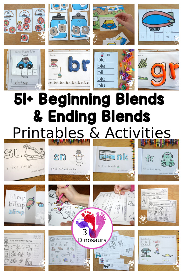 Blends Printables on 3 Dinosaurs