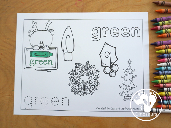 Free Christmas Color Coloring Pages - 11 color pages with color words to trace and Christmas pictures to color. Easy to use for Christmas and great for kids in prek and kindergarten - 3Dinosaurs.com