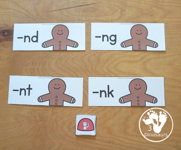 Free Gingerbread Ending Blends Sorting: -DN, -GN, -NK &- NT -  with 4 ending blends to sort with -nd, -ng, -nk, and -nt with four matching pictures per each ending blend - 3Dinosaurs.com