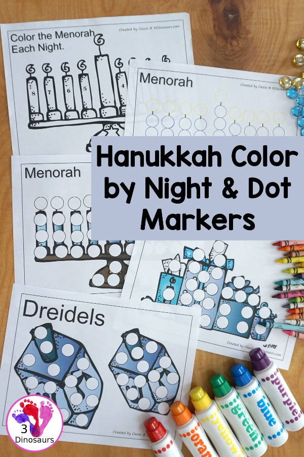 Free Hanukkah Color by Night & Dot Marker Printables. You have a menorah for Hanukkah and then you can dot marker pages for Hanukkah to make fine motor fun for Hanukkah. - 3Dinosaurs.com
