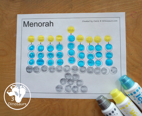Free Hanukkah Color by Night & Dot Marker Printables. You have a menorah for Hanukkah and then you can dot marker pages for Hanukkah to make fine motor fun for Hanukkah. - 3Dinosaurs.com