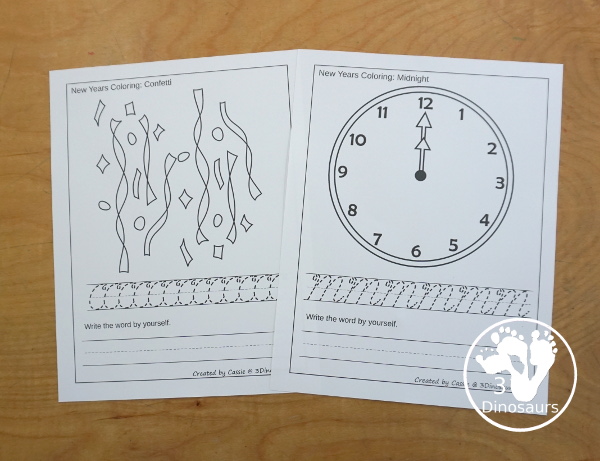 Free New Years Coloring with Word Print & Cursive - You have 9 New Years words for kids to work on tracing beginning sounds or new years words. These come in print and cursive options for kids. They trace letters or words and then write letters or words. 3Dinosaurs.com