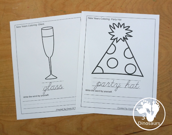 Free New Years Coloring with Word Print & Cursive - You have 9 New Years words for kids to work on tracing beginning sounds or new years words. These come in print and cursive options for kids. They trace letters or words and then write letters or words. 3Dinosaurs.com