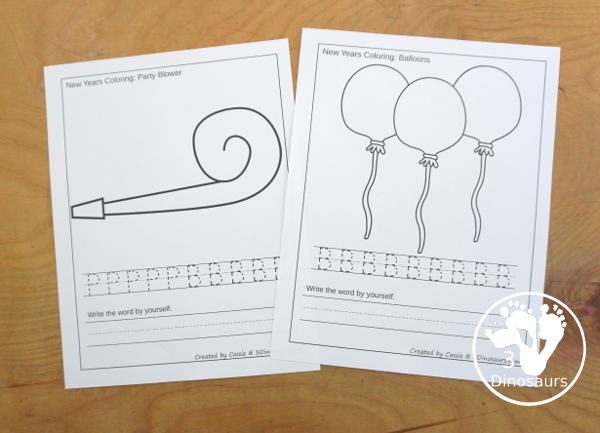 Free New Years Coloring with Word Print & Cursive - You have 9 New Years words for kids to work on tracing beginning sounds or new years words. These come in print and cursive options for kids. They trace letters or words and then write letters or words. 3Dinosaurs.com