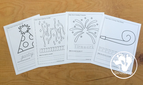 Free New Years Coloring with Word Print & Cursive - You have 9 New Years words for kids to work on tracing beginning sounds or new years words. These come in print and cursive options for kids. They trace letters or words and then write letters or words. 3Dinosaurs.com