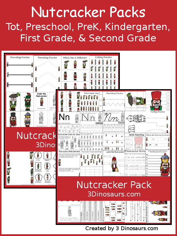 Free Nutcracker Pack - a fun collection of printables that you can use with kids in  Tot, Preschool, Prek, Kindergarten, First Grade, and Second Grade. You will see a mix of print, cursive, hands-on activities and no-prep printables in the pack. - 3Dinosaurs.com