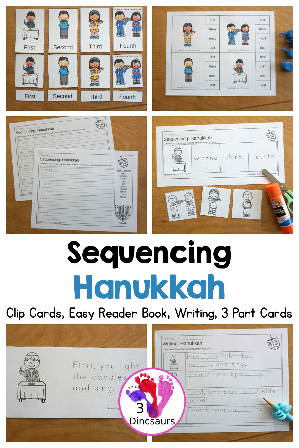 Hanukkah Sequencing Set with easy reader book, clip cards, order of event cards, writing and cut and paste pictures. A great way to tell the order of events of Hanukkah - 3Dinosaurs.com