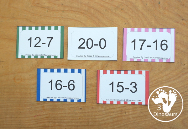 Free Subtraction Flashcards: 1 to 10 for kindergarten, first grade, and second grade with ways to use with and five color options for the subtraction flash cards - 3Dinosaurs.com