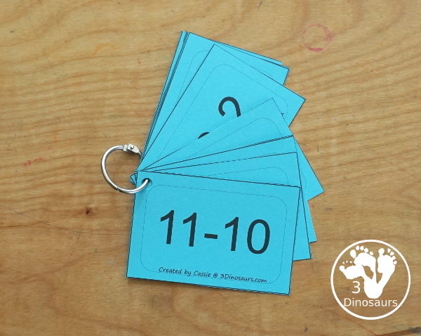 Free Subtraction Flashcards: 1 to 10 for kindergarten, first grade, and second grade with ways to use with and five color options for the subtraction flash cards - 3Dinosaurs.com